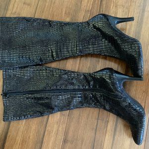 Black faux snakeskin calf high boots